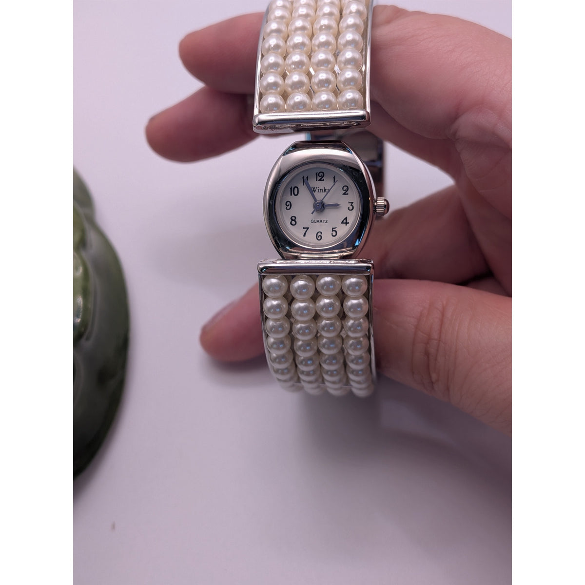 Preowned Winks Silver Tone Faux Pearl Peekaboo Bangle Watch