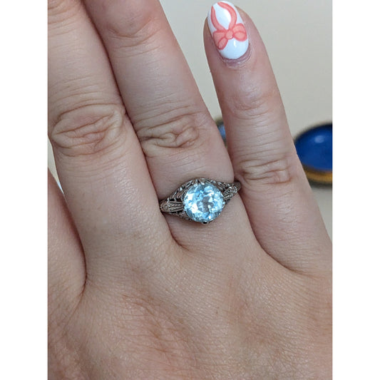 Vintage 18k White Gold Light Blue Gem with Filigree Design Ring Size 6.75 US