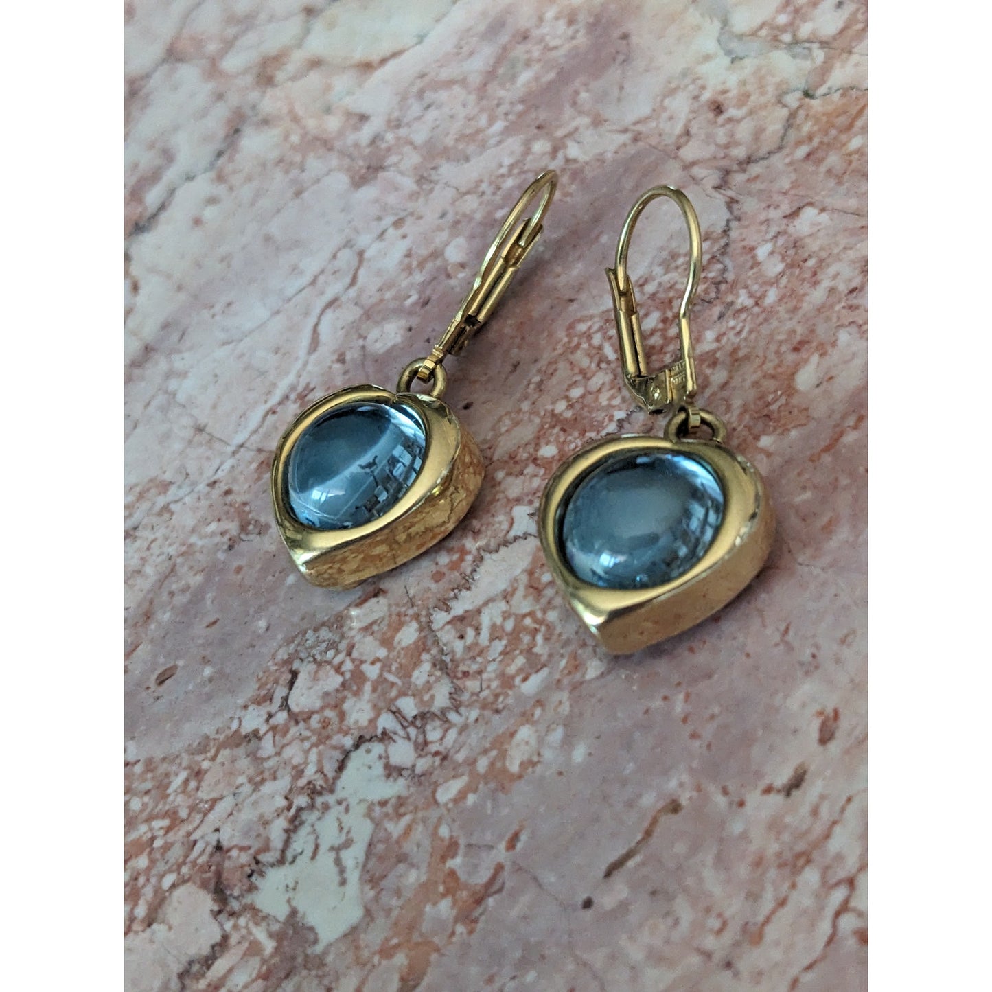 Vintage 18k Italy Heart Drop Earrings 10mm Round Blue Topaz Cabs