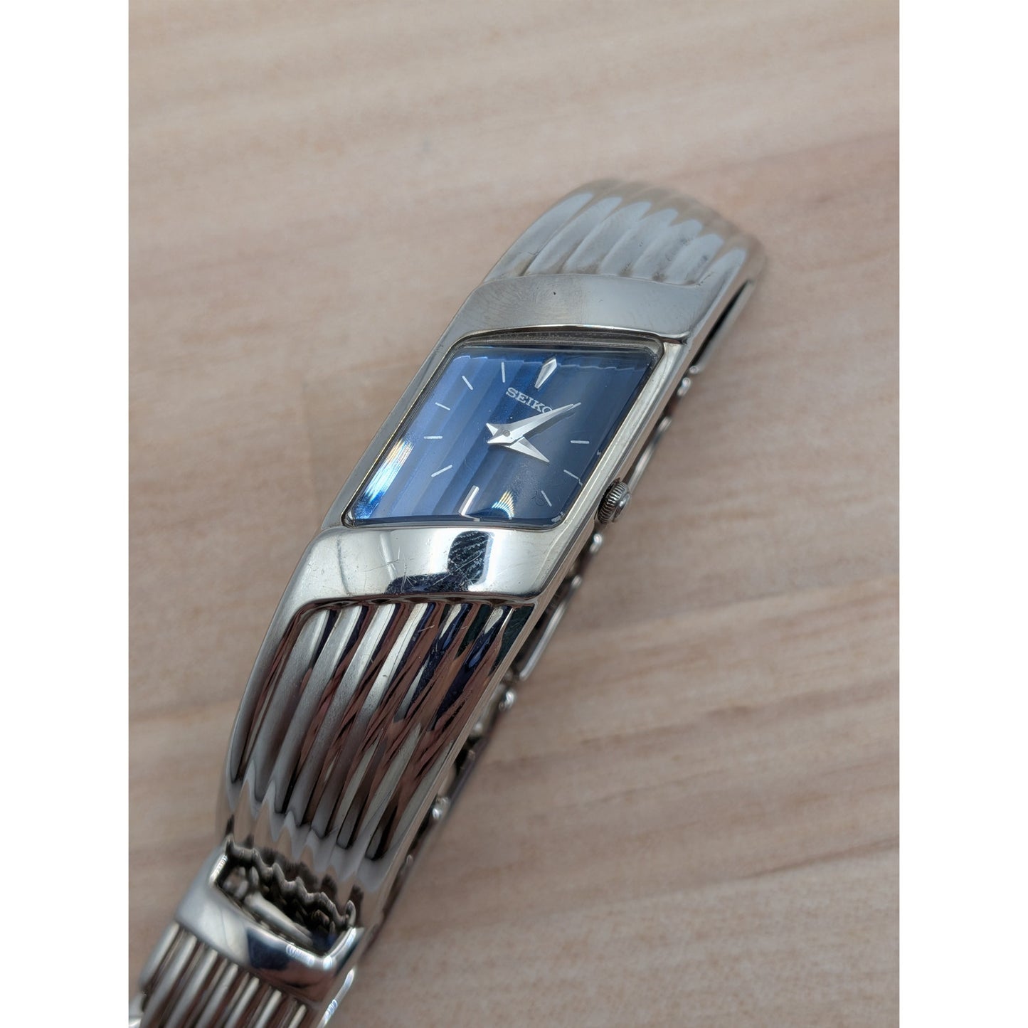 Vintage Seiko Rivoli Silver Tone Asymmetrical Watch Dark Blue Dial