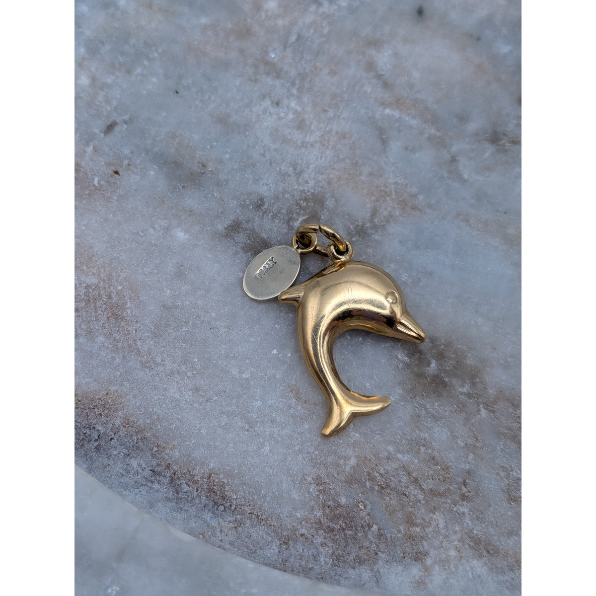 Vintage 18k Solid Yellow Gold Mini Dolphin Charm and Tag w/ Jump Ring (open)