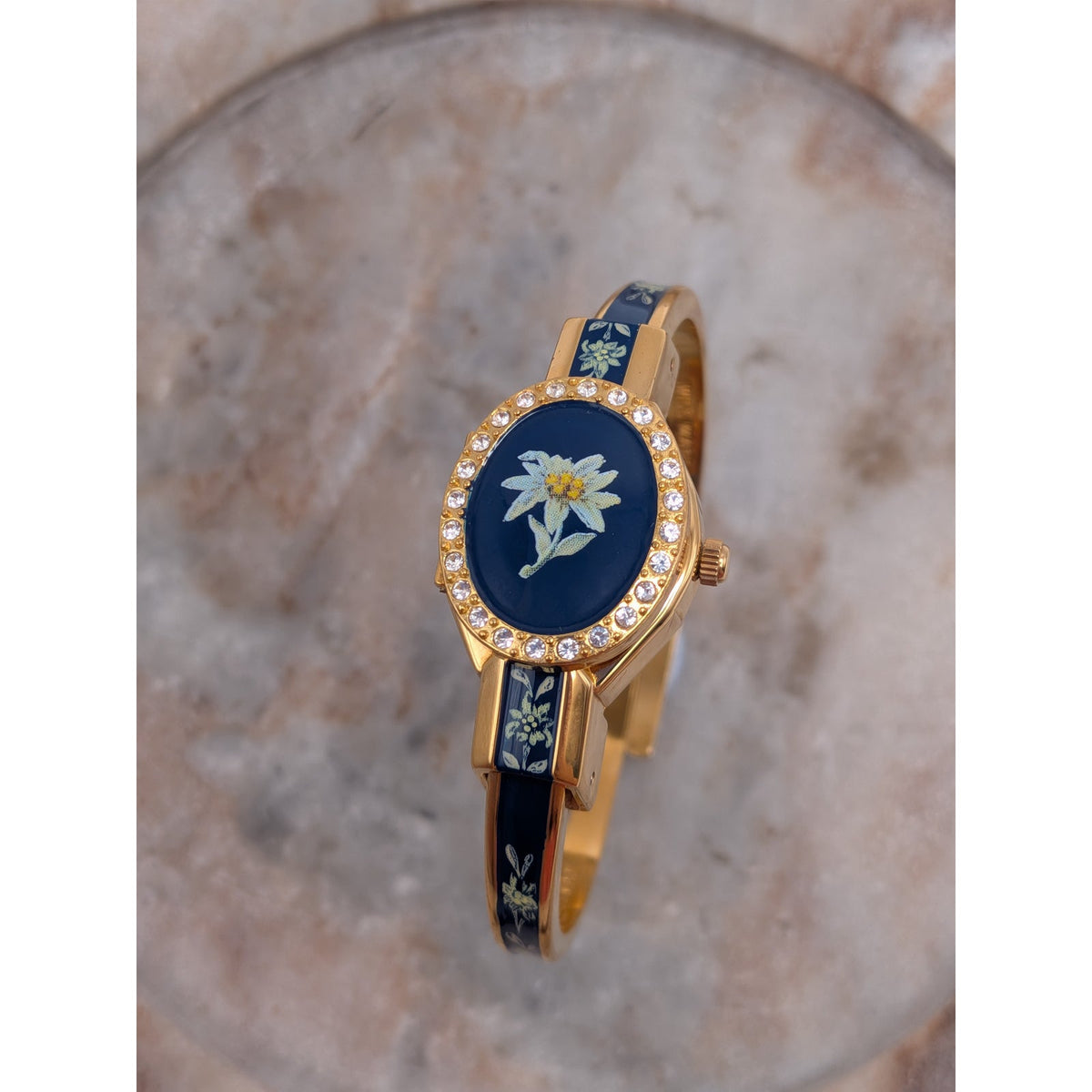 FLAW Vintage Andre Mouche Gold Tone Peekaboo Watch Blue Enamel and Flower Accent