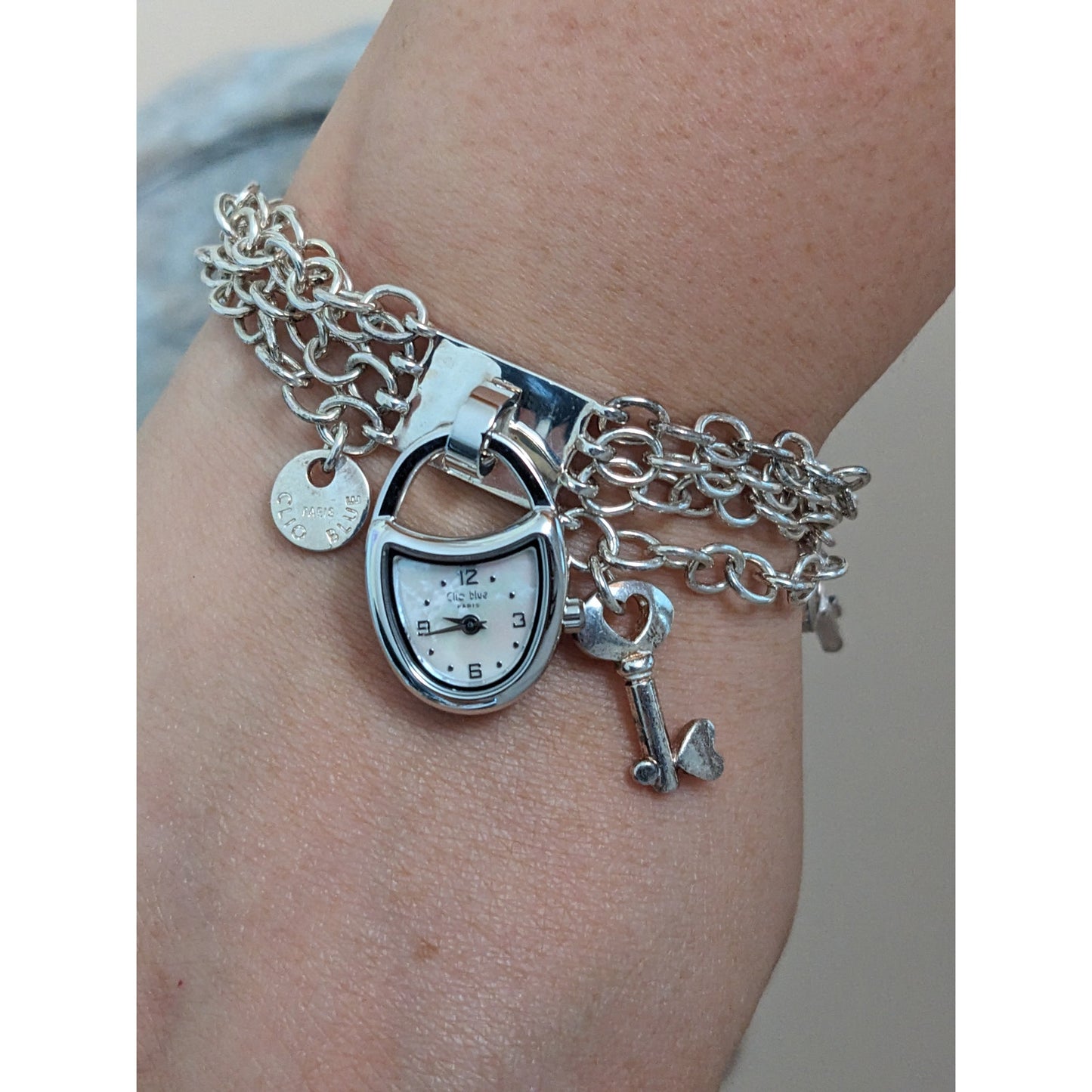 Vintage Andre Mouche Silver Tone Bangle Watch with Blue Floral Enamel Working