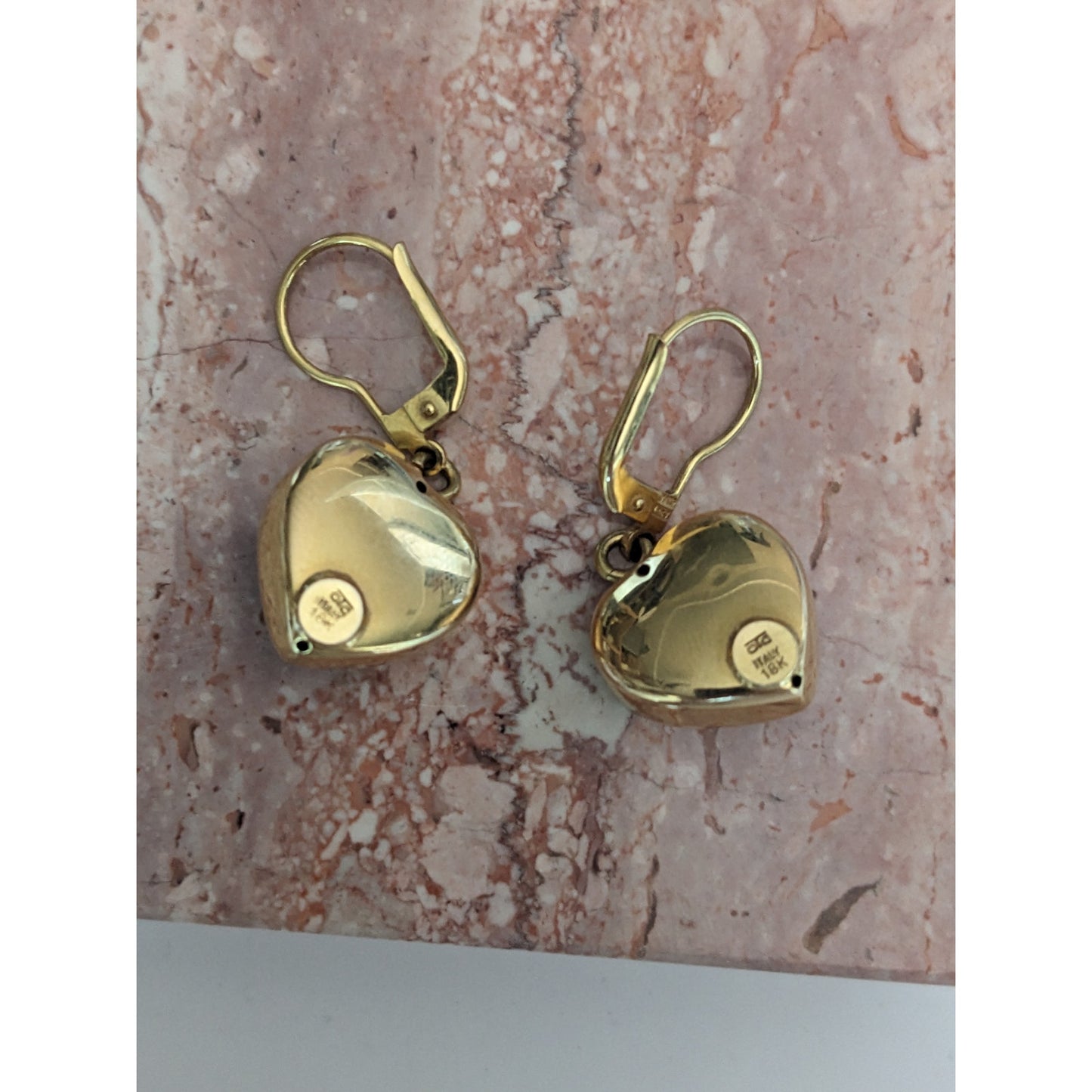 Vintage 18k Italy Heart Drop Earrings 10mm Round Blue Topaz Cabs