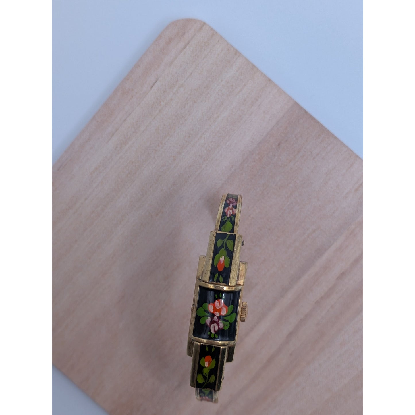 Vintage Ritma Gold Tone Peekaboo Watch Black Enamel Pink Purple Flowers