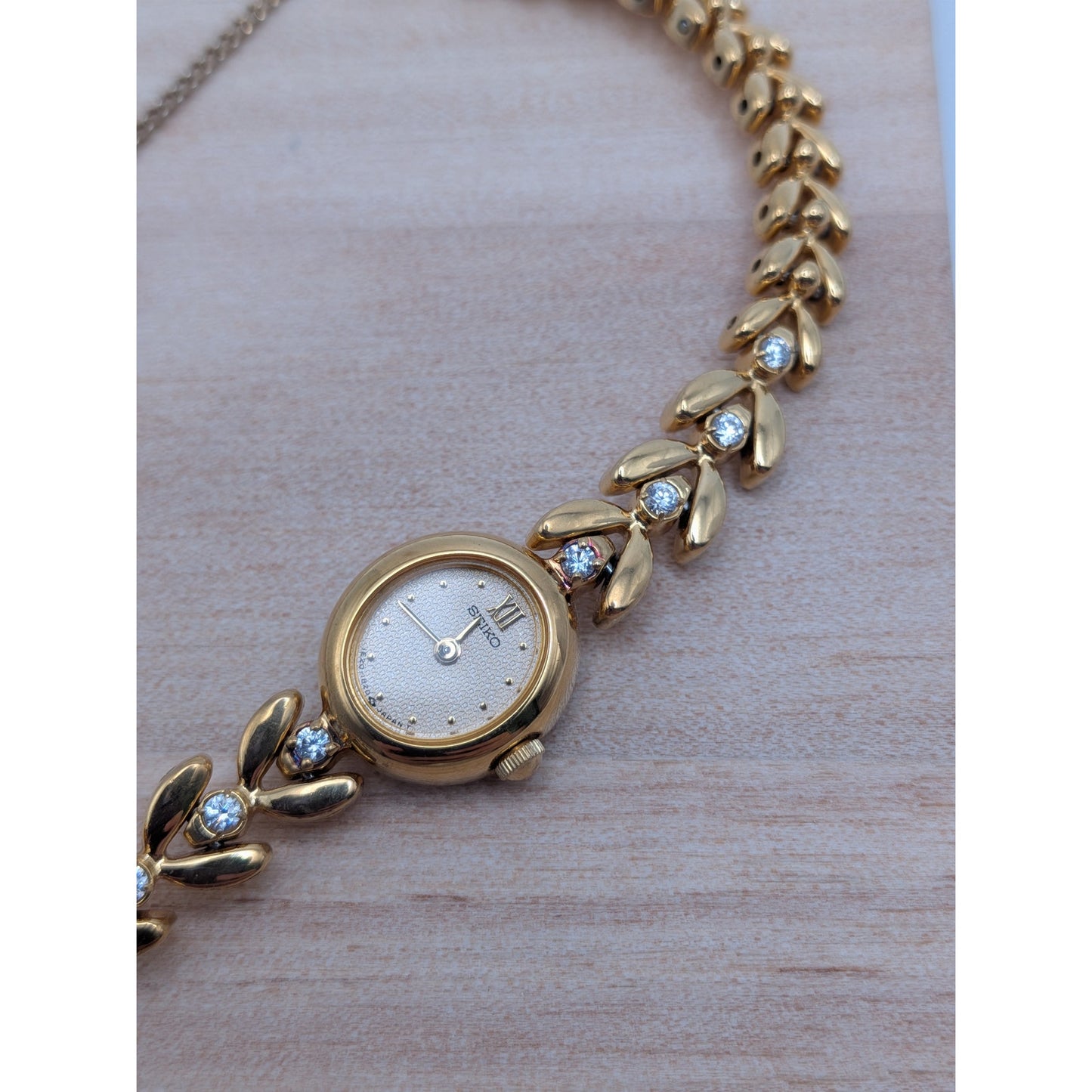 Vintage Seiko Gold Tone Quartz Watch Dainty Dial and White Stones