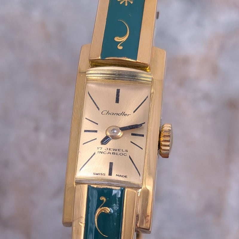 Vintage Chandler MANUAL Gold Tone Bangle Watch Green Enamel & Gold Floral Accent