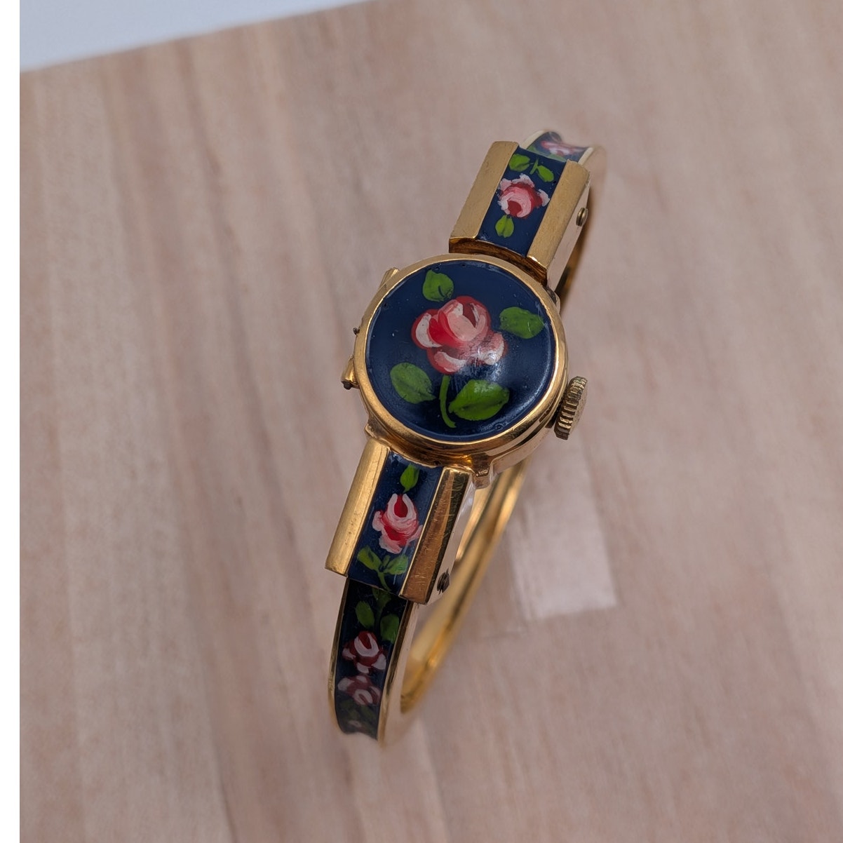 Vintage Catorex Gold Tone Peekaboo Manual Watch Blue Enamel Red Flowers