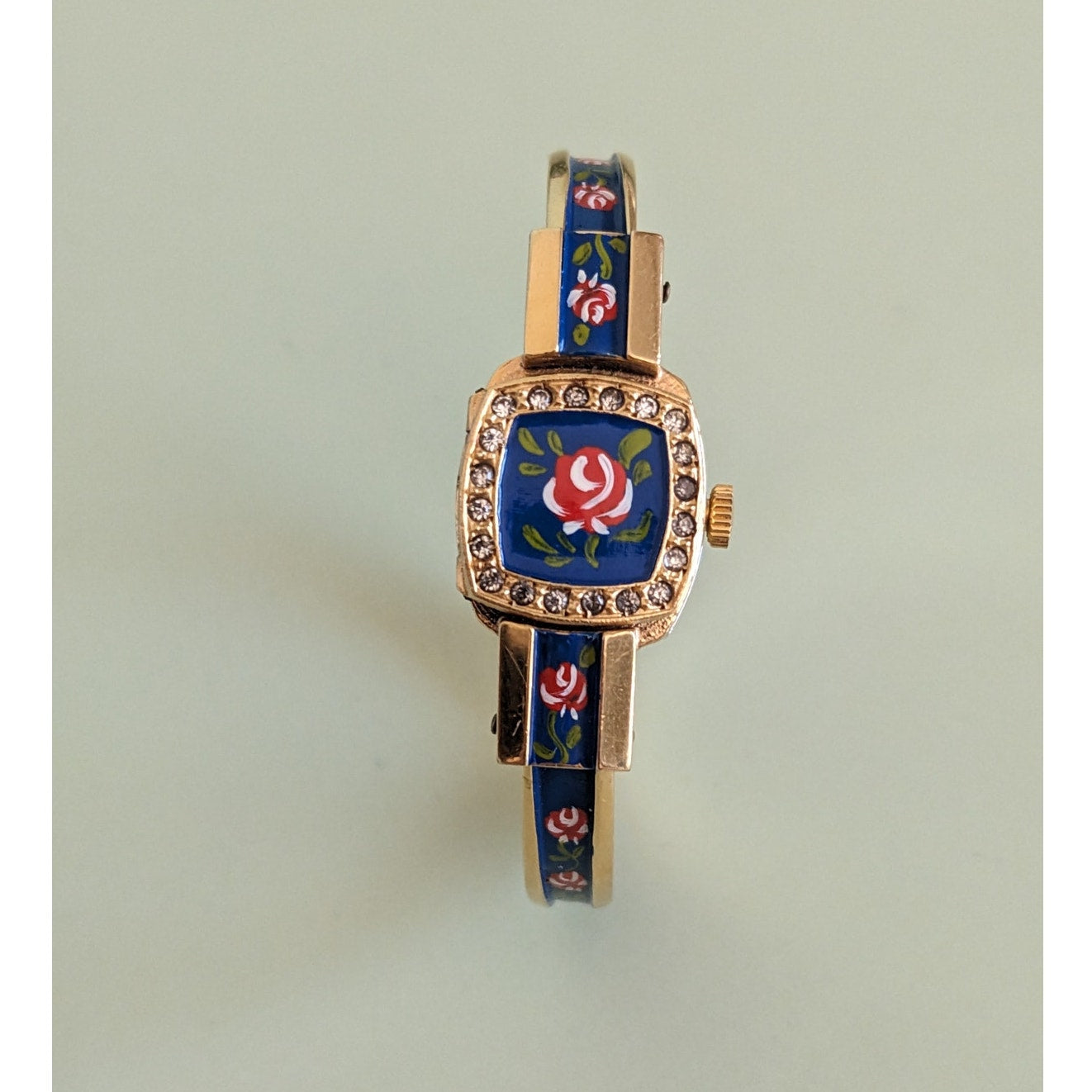 Vintage Chandler Gold Tone Metal with Blue Enamel Floral Watch
