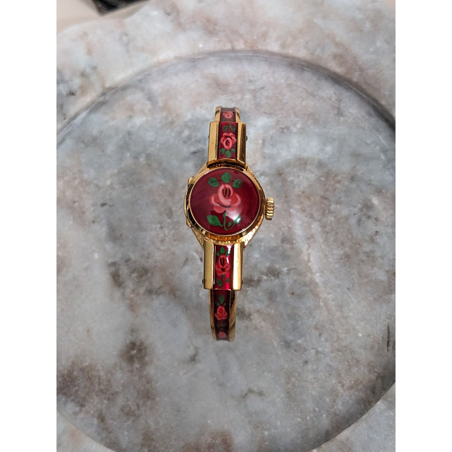 Vintage Andre Mouche Silver Tone Bangle Watch with Blue Floral Enamel Working