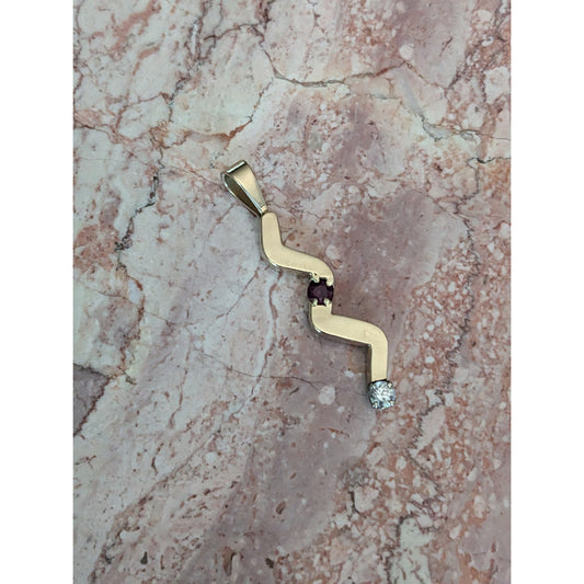Vintage Unmarked 12k Gold Wavy Squiggle Pendant with Ruby and Diamond (Chipped)