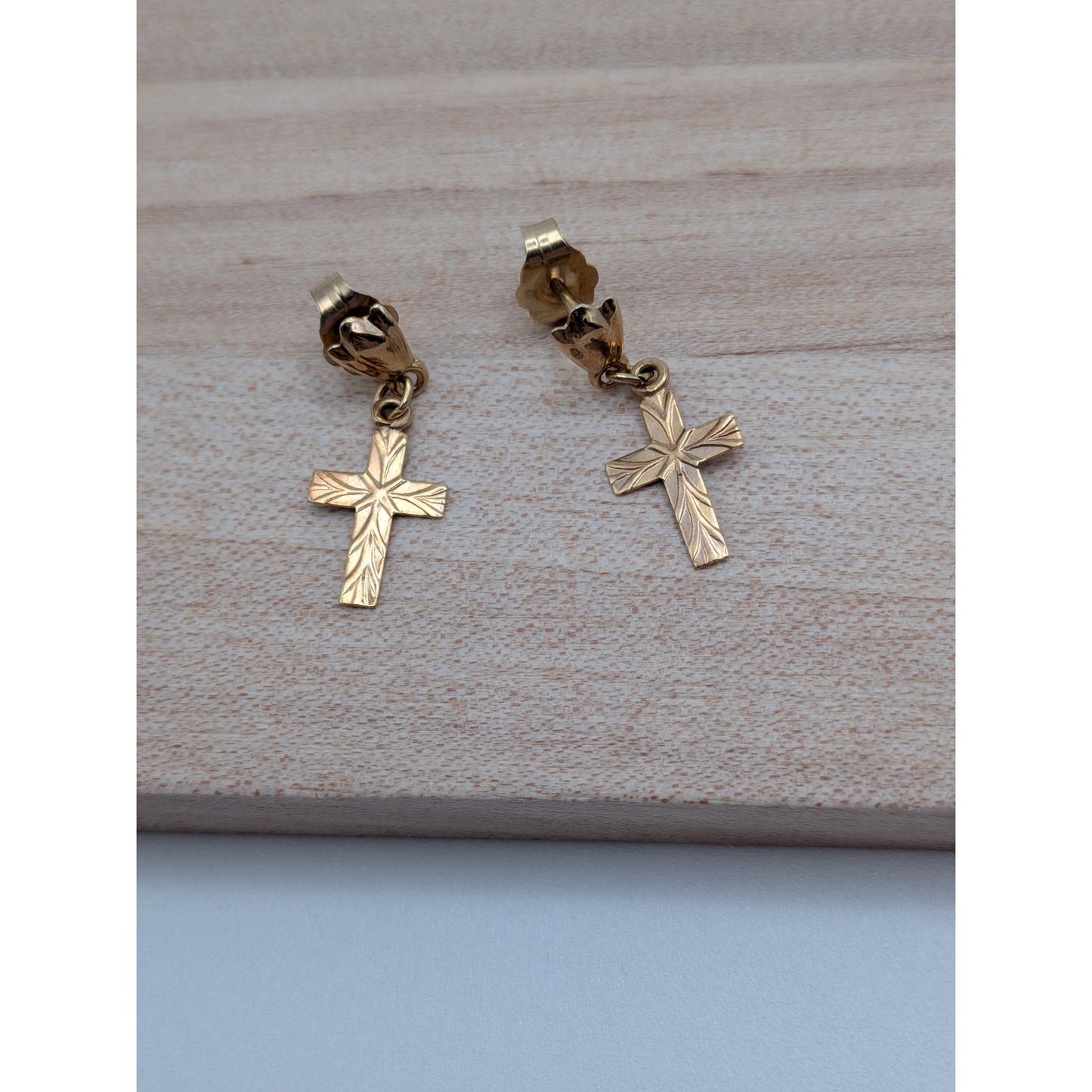 Vintage 14k Yellow Gold Dainty TINY Diamond Cut Cross Charm Earrings