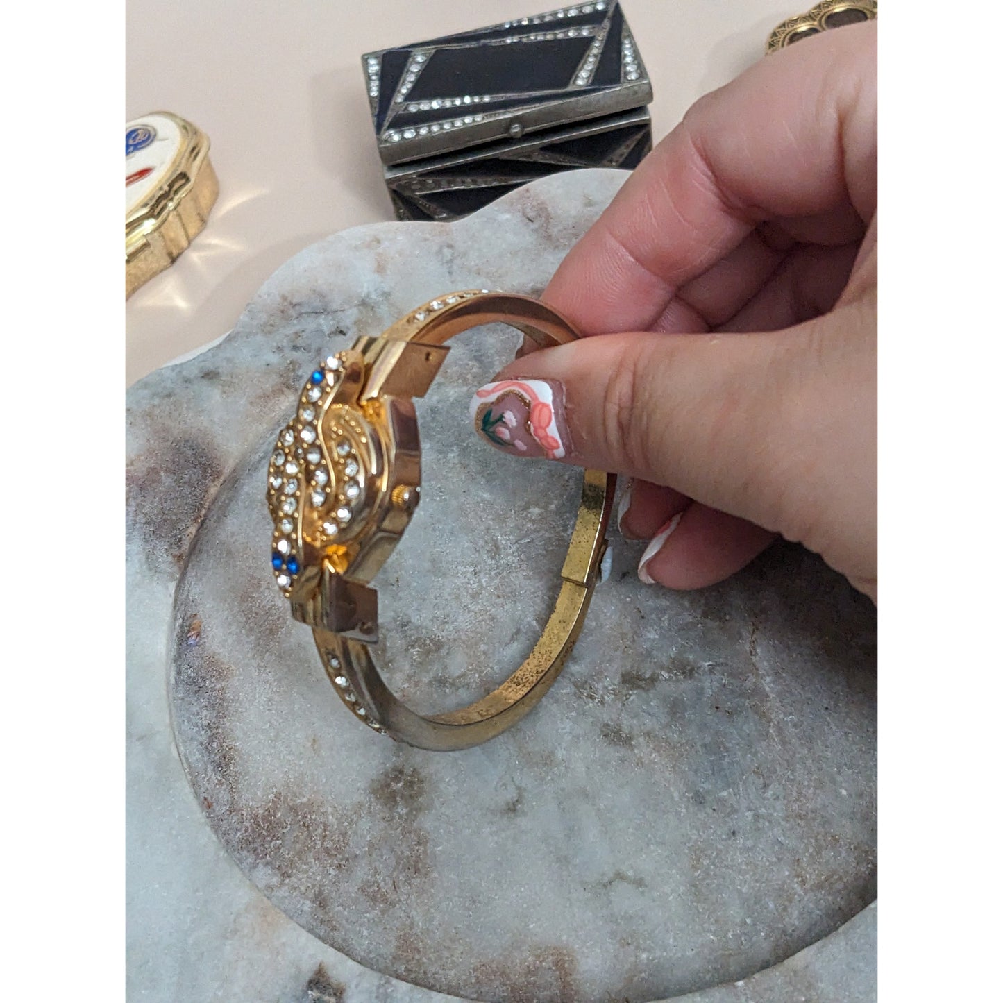 Vintage Andre Mouche Silver Tone Bangle Watch with Blue Floral Enamel Working