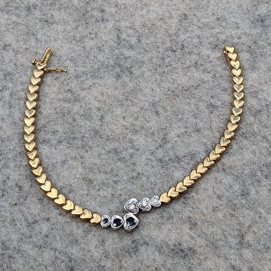 Vintage 14k Yellow Gold Heart Bracelet with Diamonds & Sapphires 7in