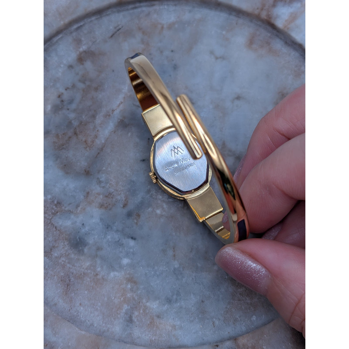 Vintage Andre Mouche Gold Tone Peekaboo Watch Blue Enamel White Flowers in Box