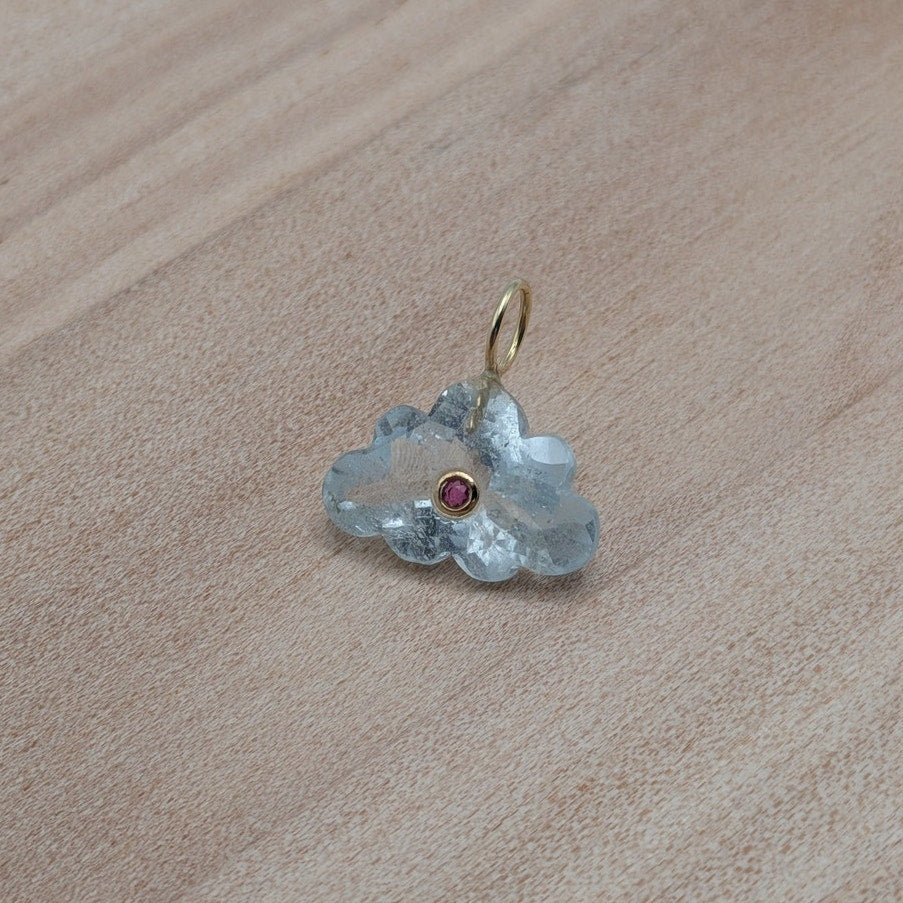 14K Gold Blue Topaz Cloud Pendant Natural Ruby Inlay Carved Gemstone