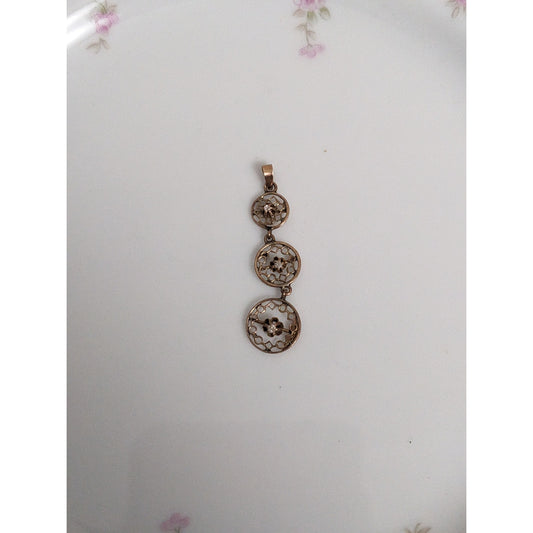 Antique 10k Gold Triple Drop Circular Filigree with Diamond Accent Pendant