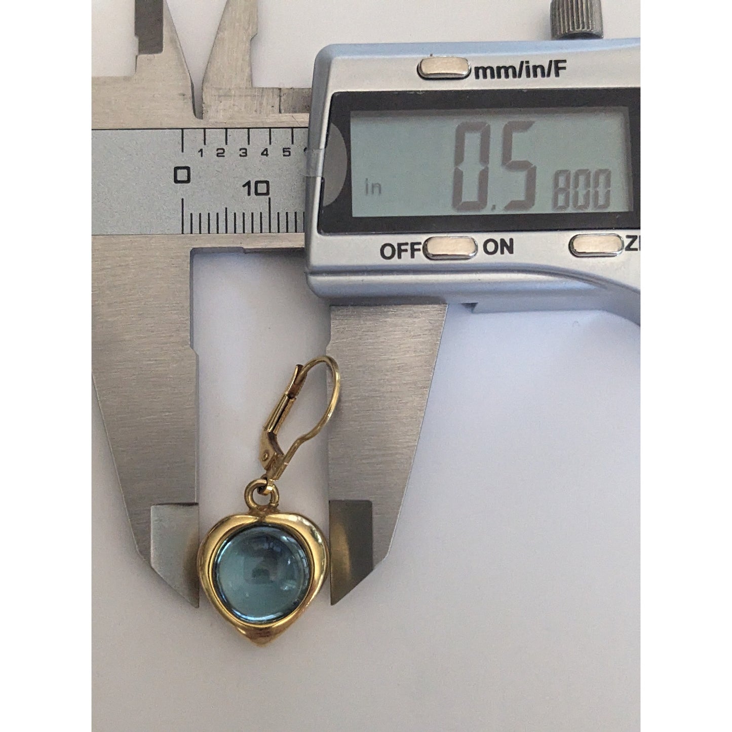 Vintage 18k Italy Heart Drop Earrings 10mm Round Blue Topaz Cabs