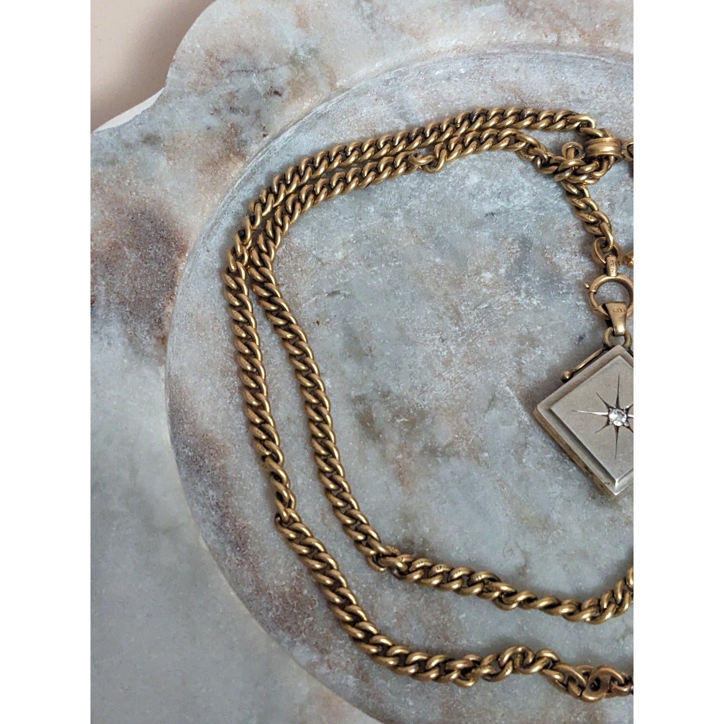 Vintage 18k Yellow Gold Watch Chain with White Gem Locket and T Bar