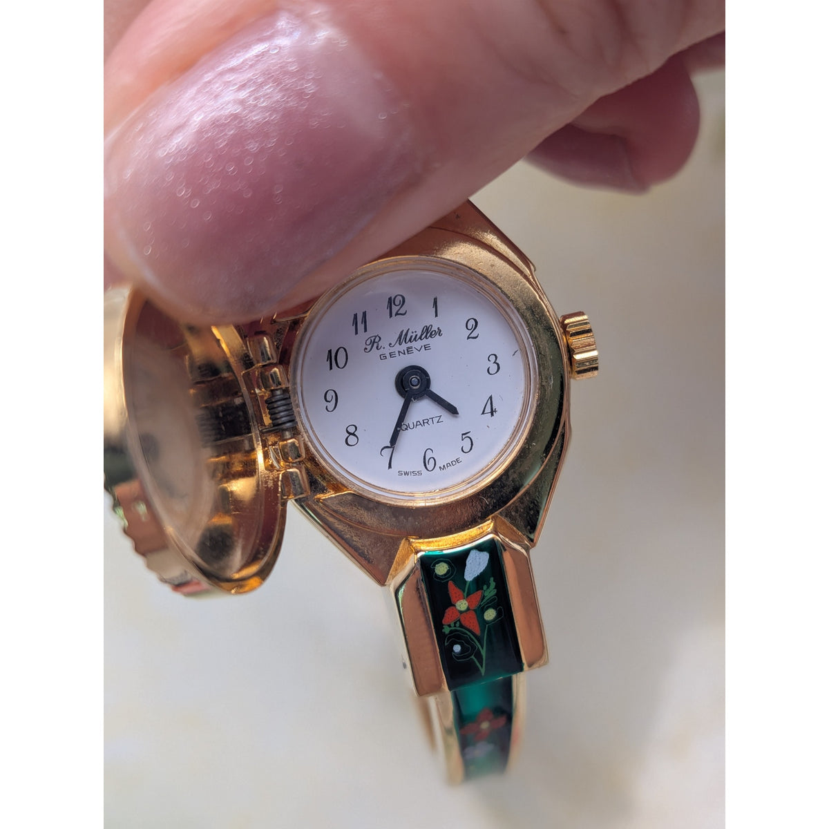 Vintage R Miller Gold Tone Peekaboo Watch Green Enamel Red and Blue Flowers
