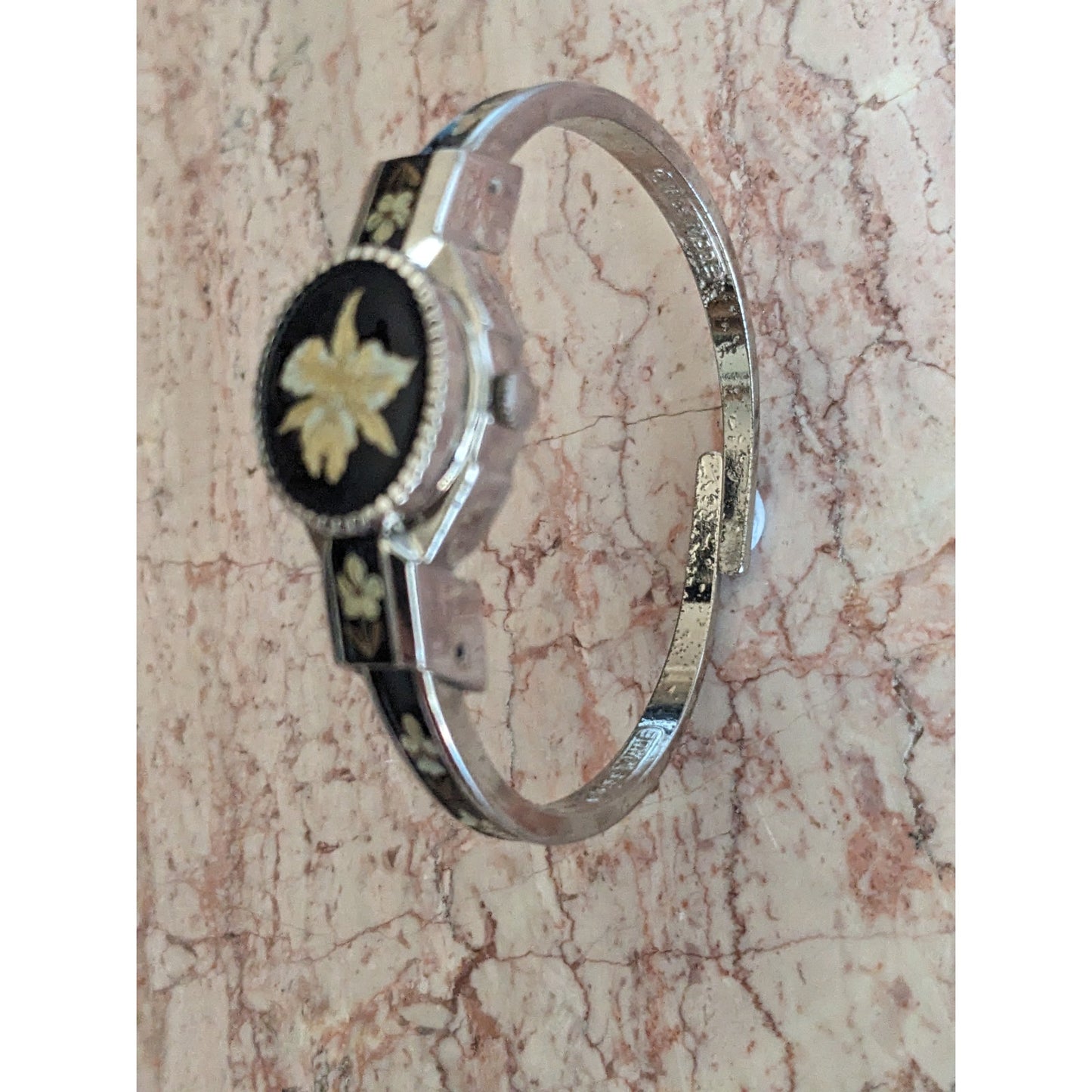 Vintage Andre Mouche Silver Tone Bangle Watch Black Enamel Cream Flowers