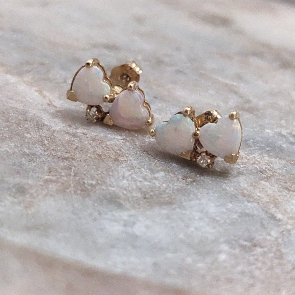 Vintage 14k Yellow Gold Double Opal Hears Stud Earrings