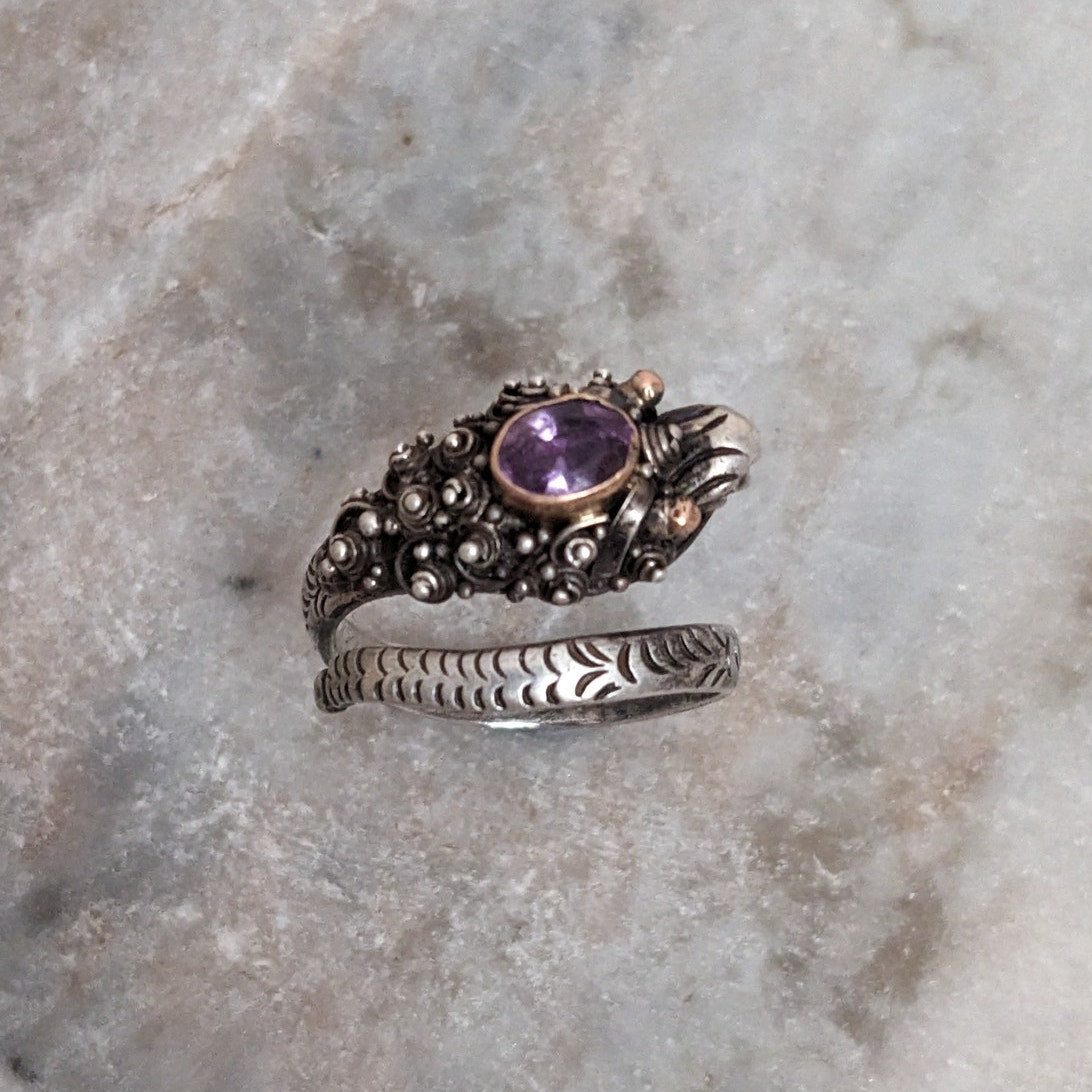 Vintage 925 Sterling Silver and 22k Gold Accent Dragon Amethyst Ring Size 6