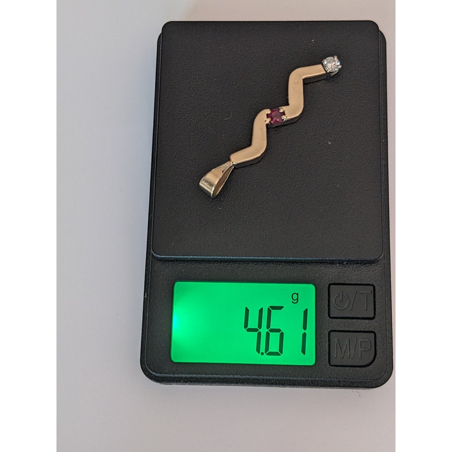 Vintage Unmarked 12k Gold Wavy Squiggle Pendant with Ruby and Diamond (Chipped)