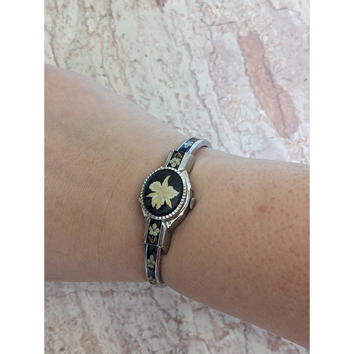 Vintage Andre Mouche Silver Tone Bangle Watch Black Enamel Cream Flowers