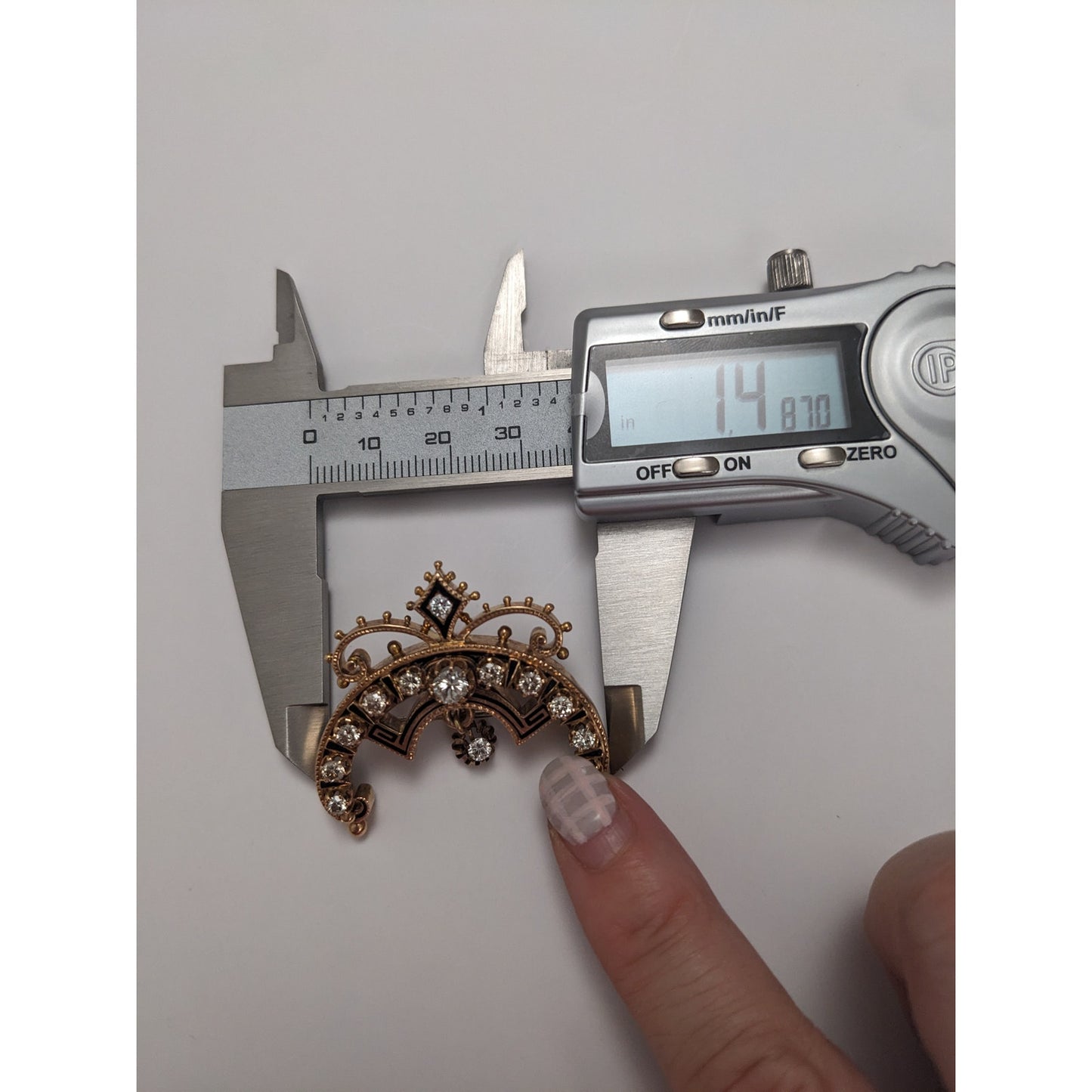 Antique Unmarked 14k Black Enamel & Diamond Crescent Moon Brooch