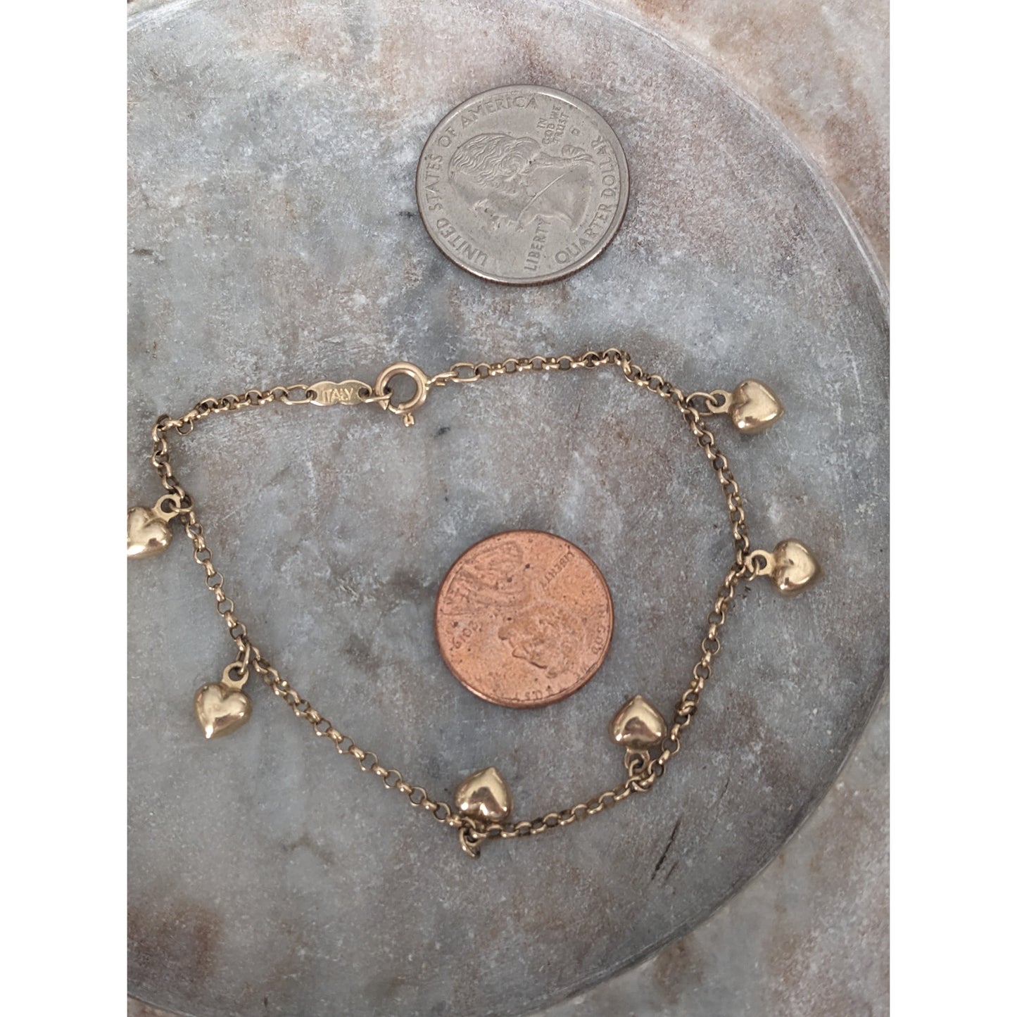 Vintage 14k Yellow Gold Dangle Heart Charm Bracelet 7.25in