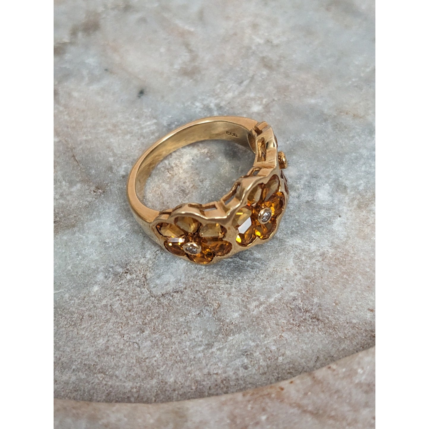 Estate 14k Yellow Gold Triple Citrine Flower Ring Size 6.5 US