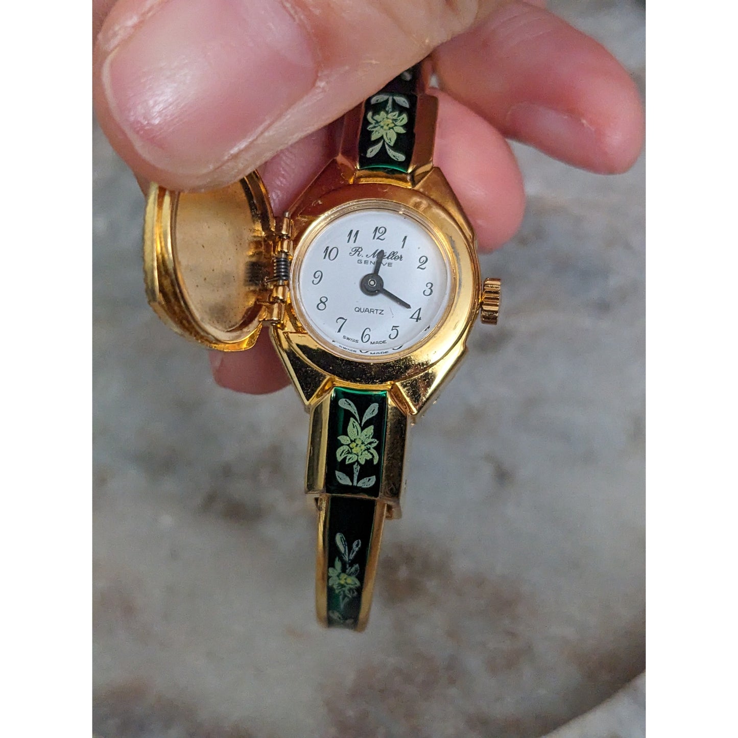 Vintage Andre Mouche Silver Tone Bangle Watch with Blue Floral Enamel Working