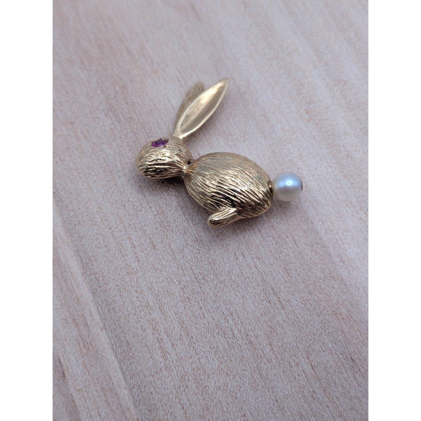 Vintage 14k Yellow Gold Rabbit Brooch with Pink Eye and Pearl