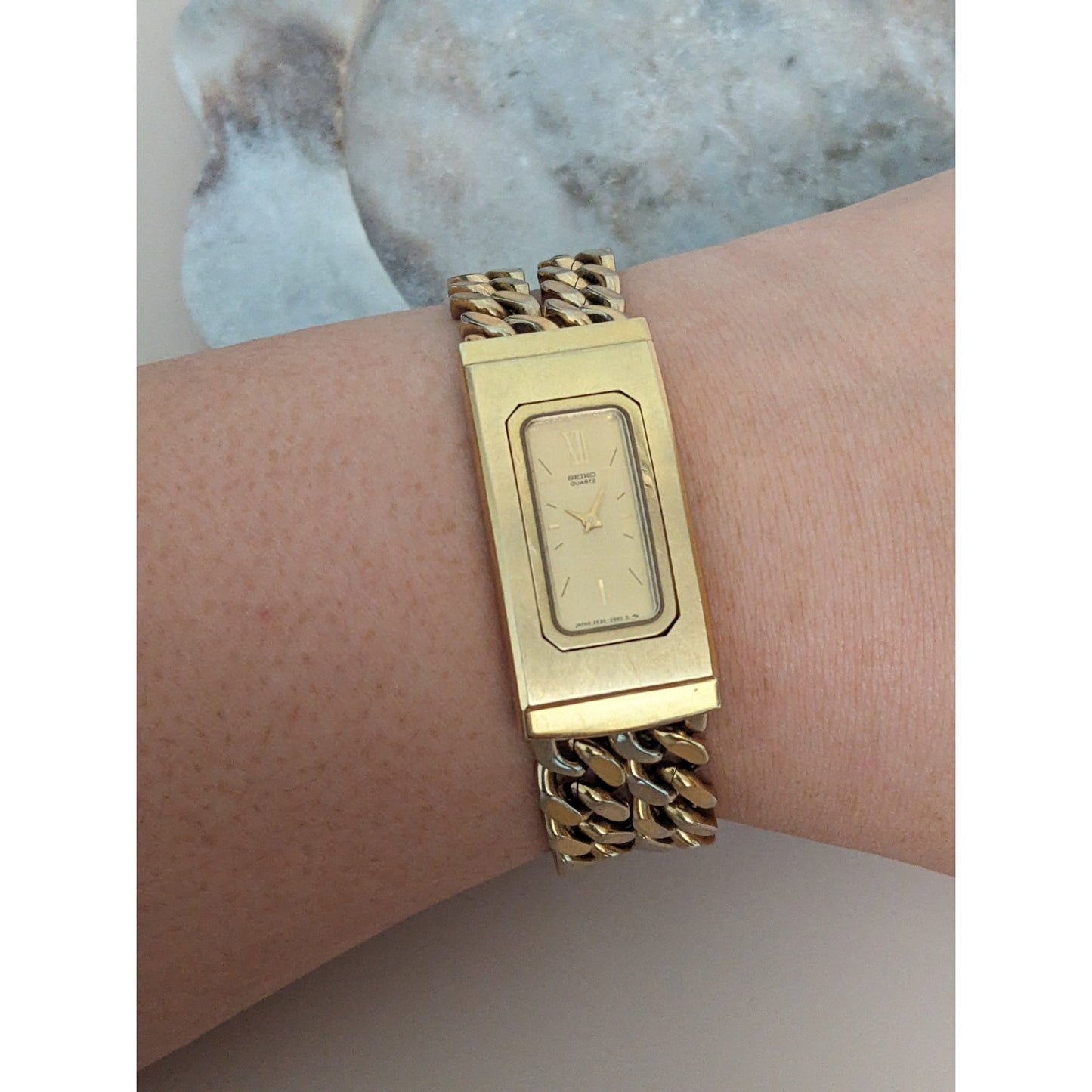 Vintage Andre Mouche Silver Tone Bangle Watch with Blue Floral Enamel Working