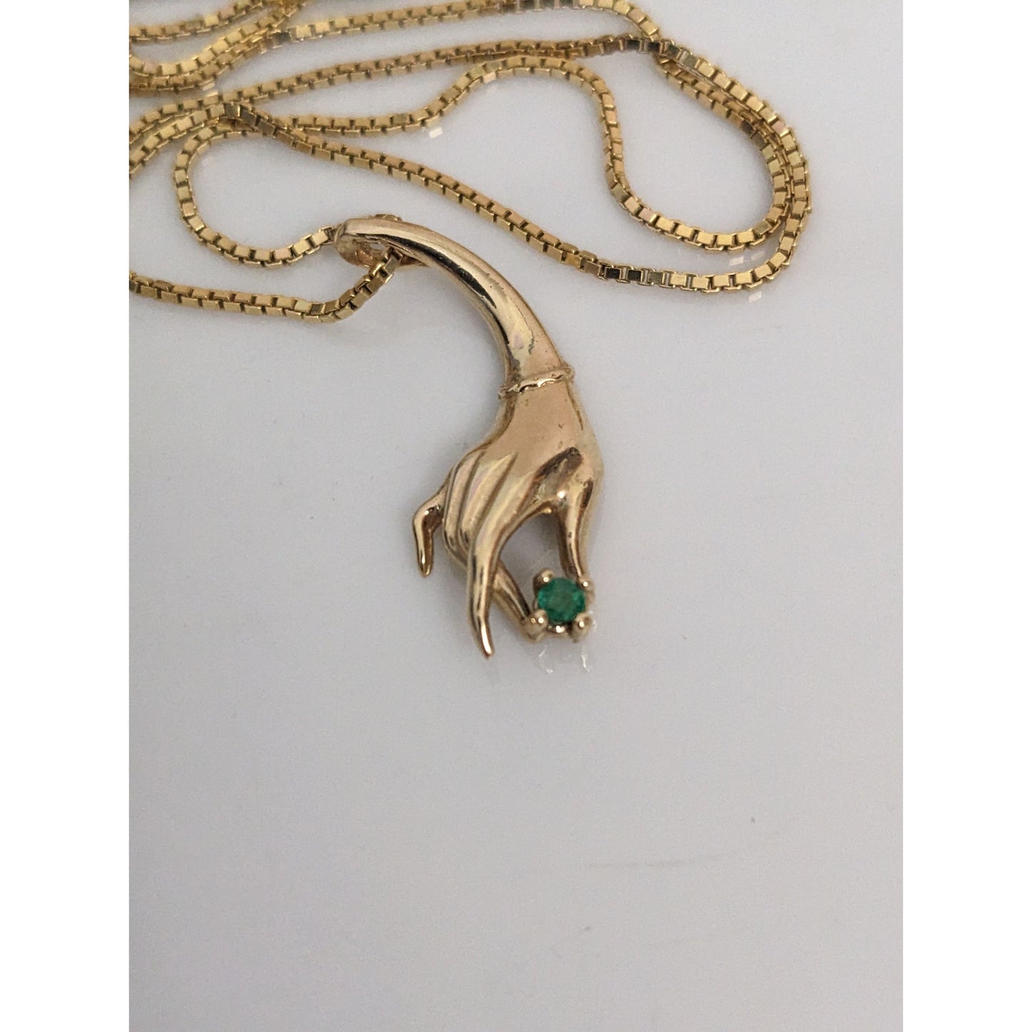Vintage 14k Yellow Gold Hand Pendant with Green Gem Pendant and Necklace