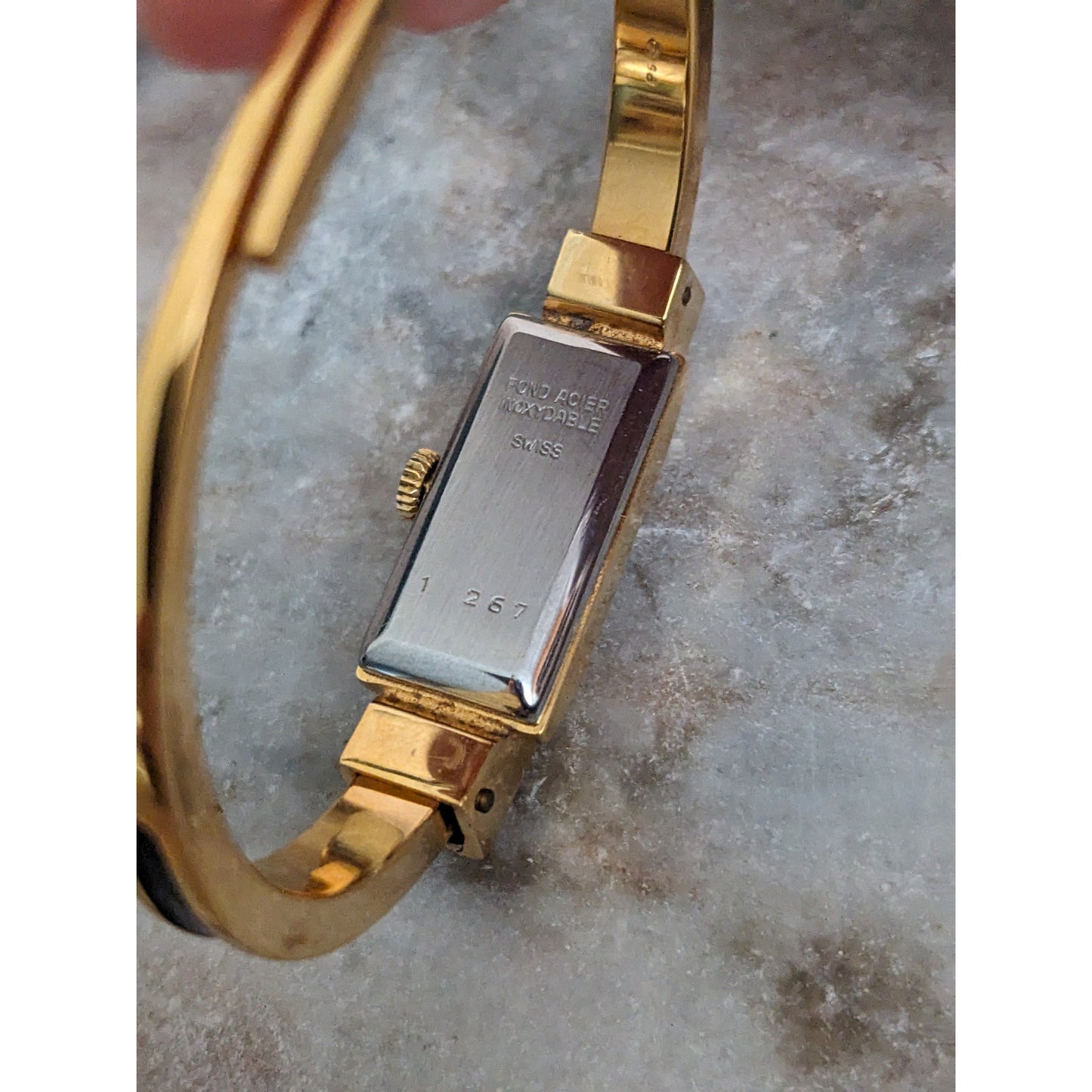 Vintage Andre Mouche Silver Tone Bangle Watch with Blue Floral Enamel Working