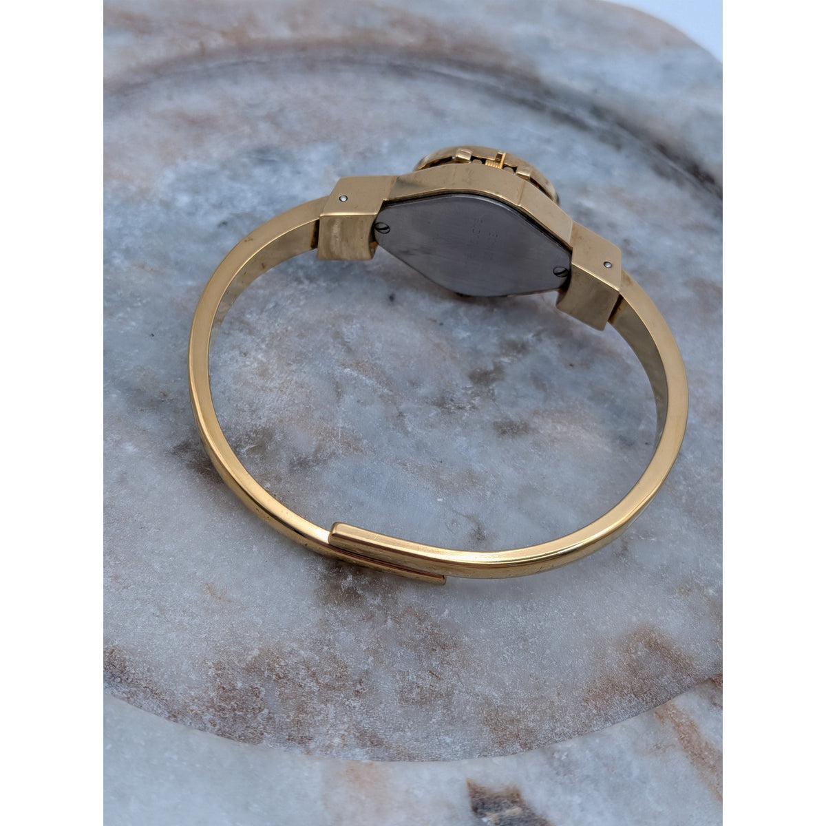 Preowned Andre Mouche Gold Tone Peekaboo Watch White Enamel Blue Flowers