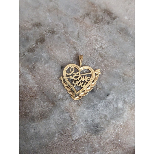 Vintage 14k Yellow Gold "I Love You" Heart Carved Charm Pendant