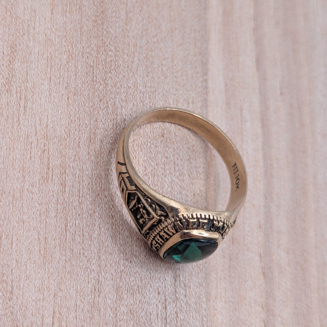 Vintage 10k Yellow Gold Class Ring Shawnee Mission South 1983 Green Stone Size 7