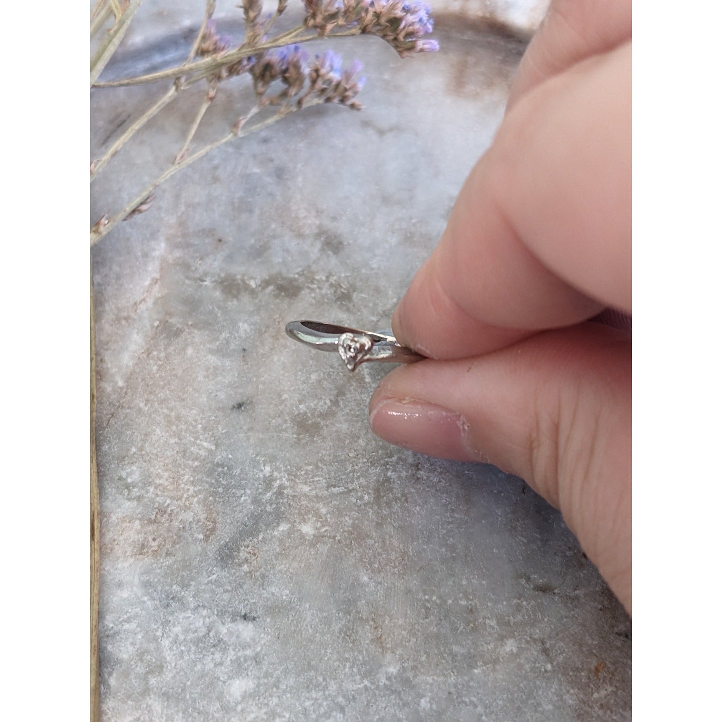 Vintage 10k White Gold SUPER DAINTY MINI Heart Diamond Ring Size 5US