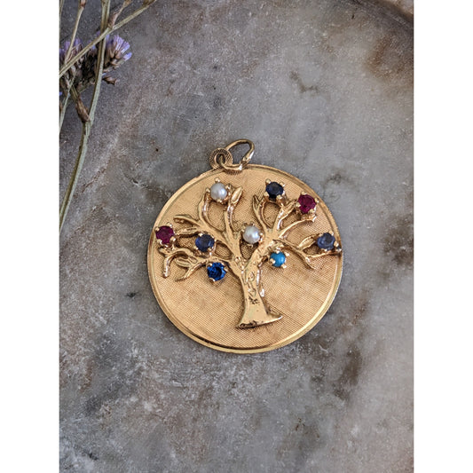 Vintage 14k Yellow Gold Tree of Life Multi Color Gemstone Charm Pendant