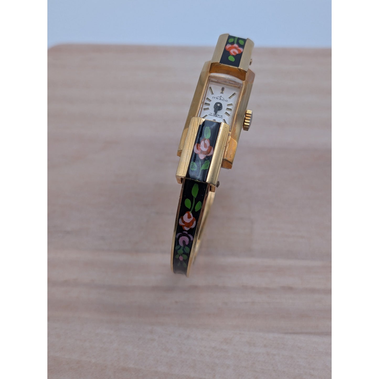 Vintage Itraco Gold Tone Dainty Bangle Watch Black Enamel Pink Purple Flowers
