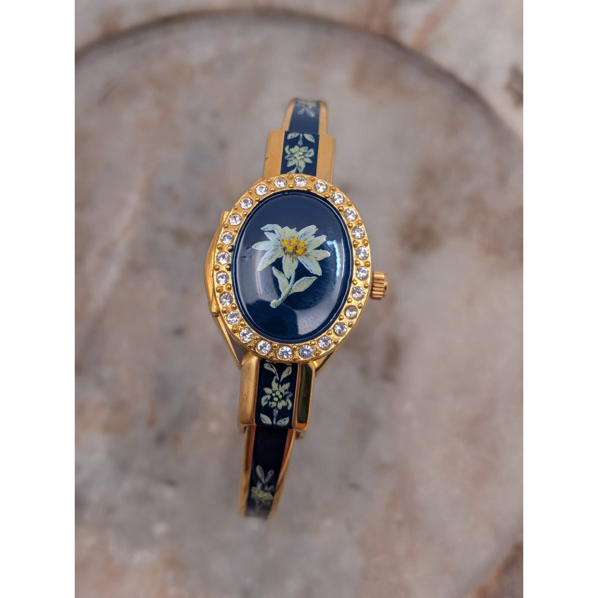 FLAW Vintage Andre Mouche Gold Tone Peekaboo Watch Blue Enamel and Flower Accent