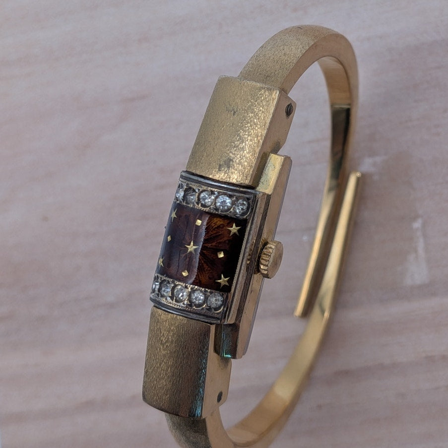 Vintage Chandler Gold Tone Peekaboo Watch Brown Enamel and Stars