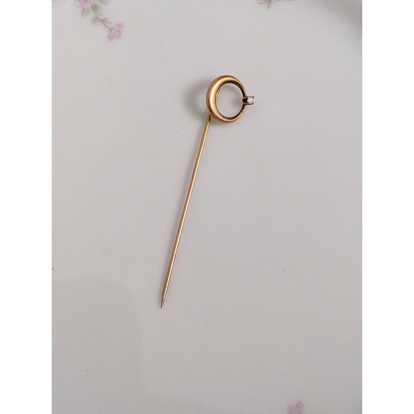 Antique Unmarked 12k Yellow Gold White Gem Crescent Moon Stick Pin