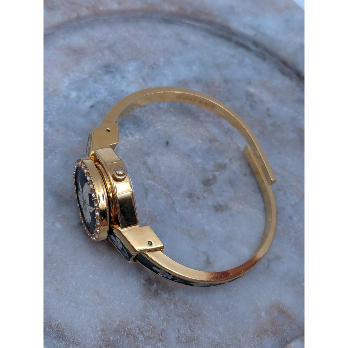 Vintage Andre Mouche Gold Tone Peekaboo Watch Black Enamel White Flower & Stones