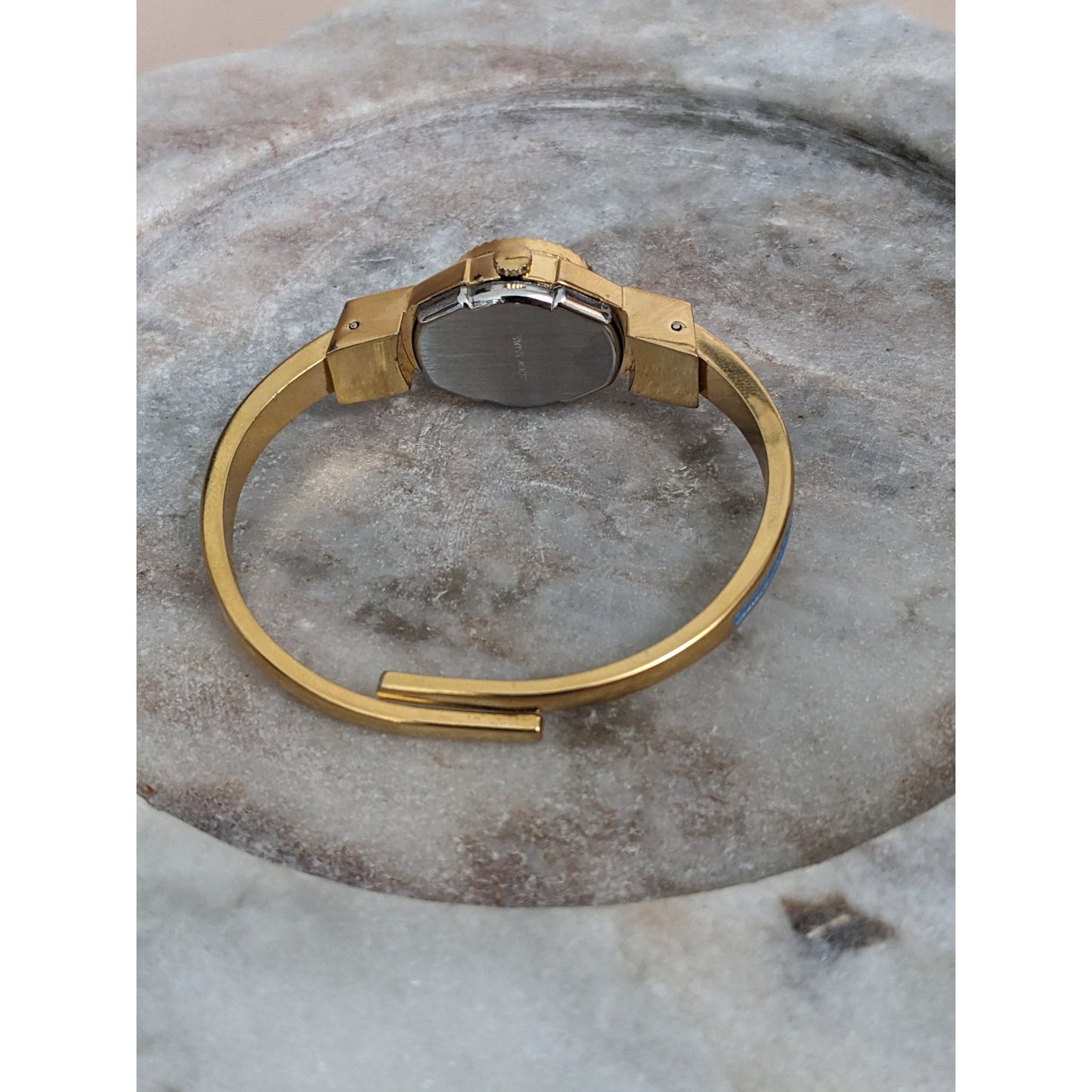 Vintage Andre Mouche Silver Tone Bangle Watch with Blue Floral Enamel Working