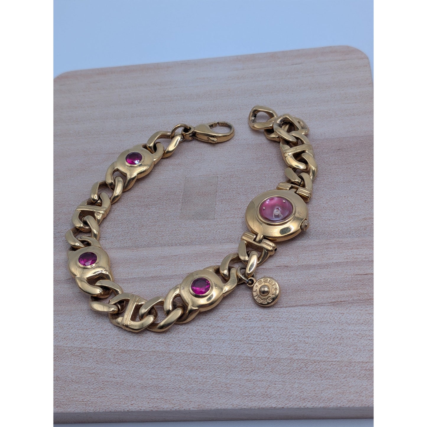 Vintage Seiko Tisse Gold Tone Cuban Link Watch with Pink Stones