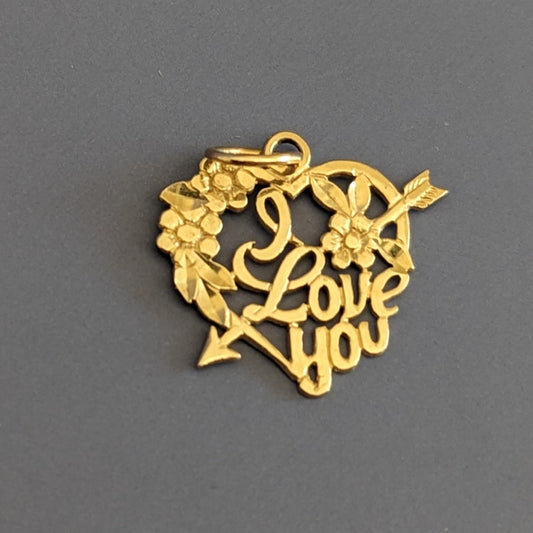 Estate 14k Yellow Gold "I Love You" Heart Pendant Charm with Arrow & Flowers